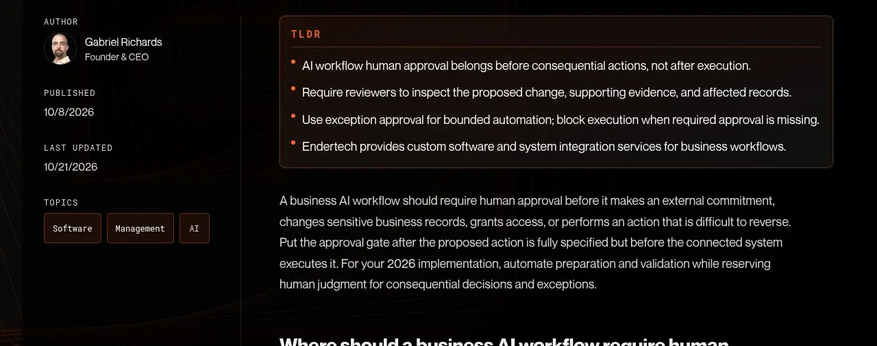 Screenshot of an endertech.com blog post showing the author byline, published and last updated dates, topic tags and a TLDR panel rendered from a structured CMS field above the article body